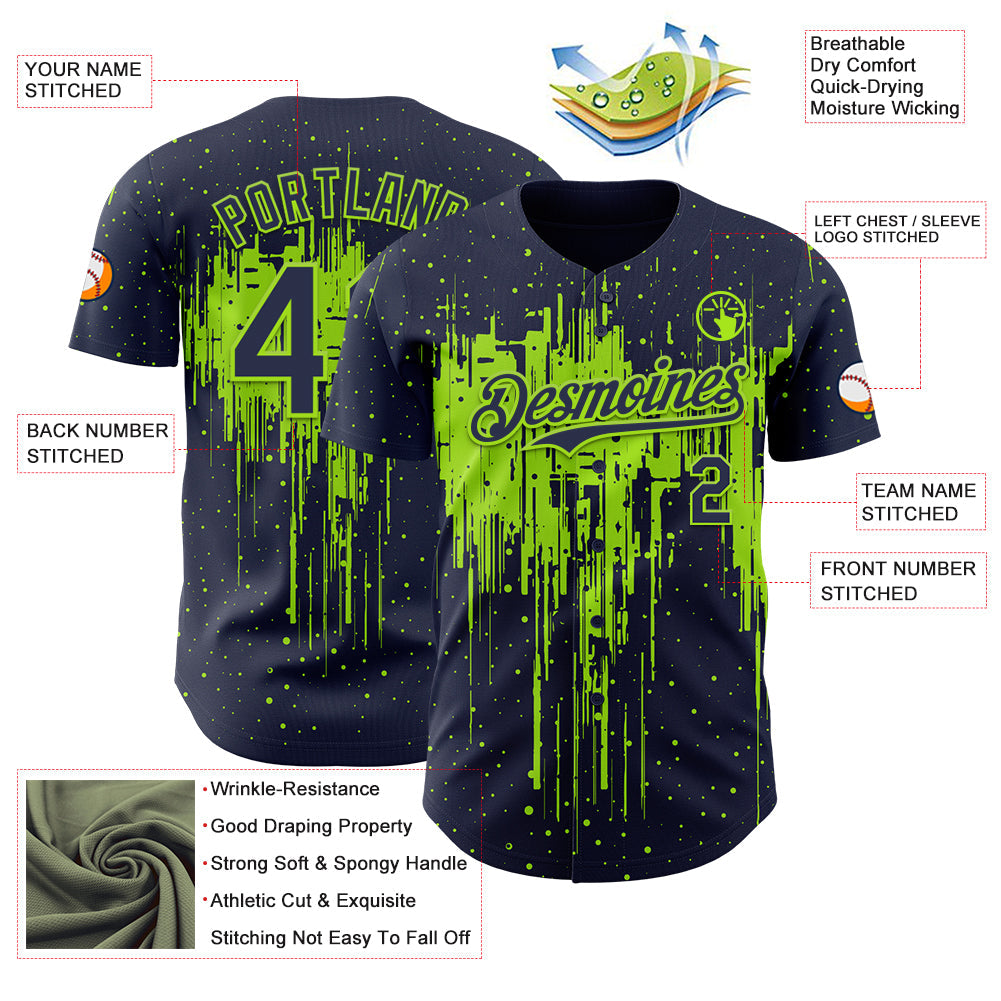 Custom Navy Neon Green Dripping Splatter Paint Authentic Baseball Jersey view 3