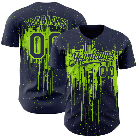 Custom Navy Neon Green Dripping Splatter Paint Authentic Baseball Jersey - Main View