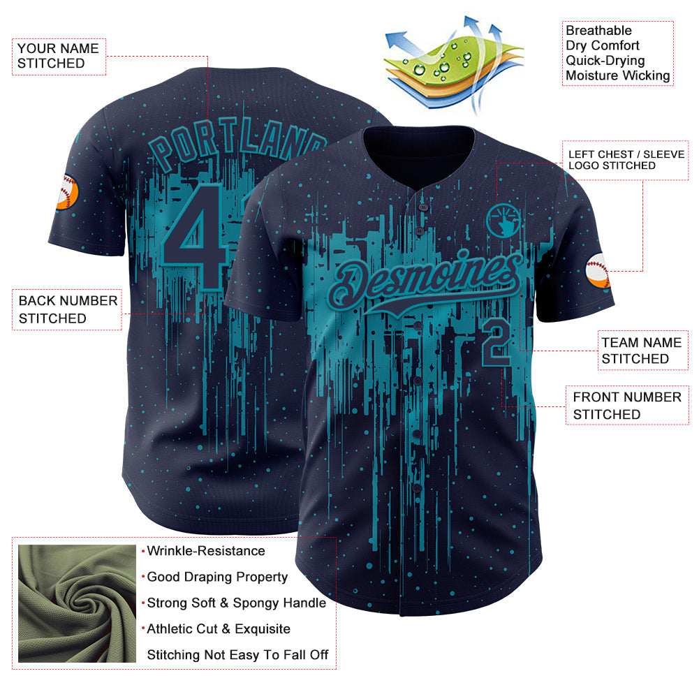 Custom Navy Teal Dripping Splatter Paint Authentic Baseball Jersey view 3
