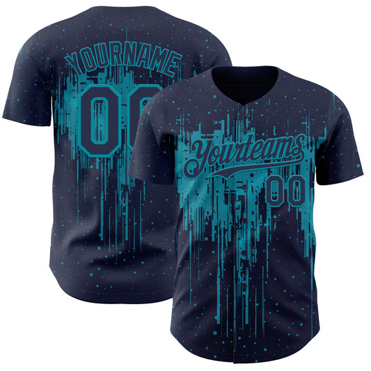 Custom Navy Teal Dripping Splatter Paint Authentic Baseball Jersey - Main View