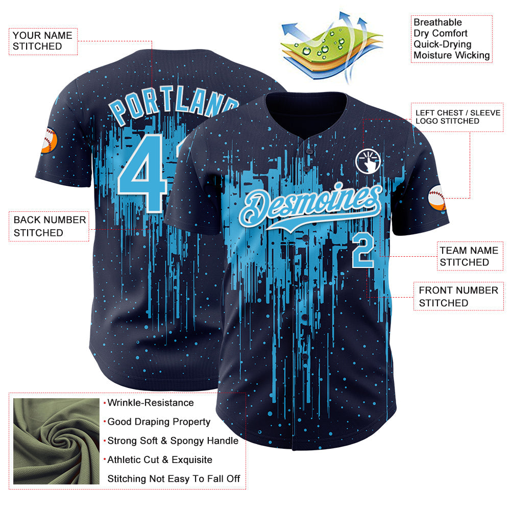 Custom Navy Sky Blue-White Dripping Splatter Paint Authentic Baseball Jersey view 3