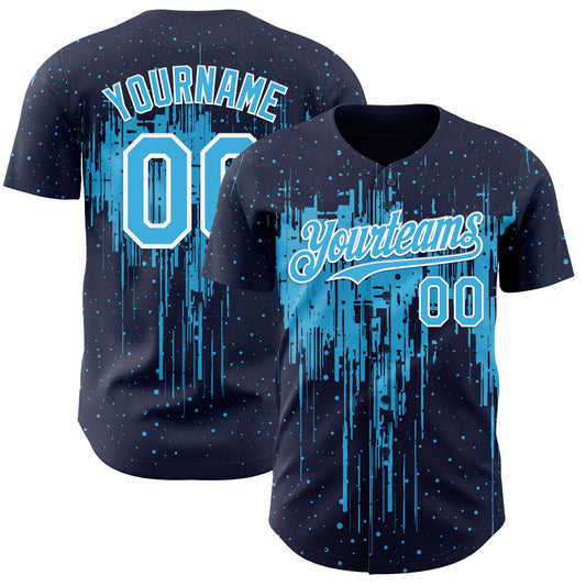Custom Navy Sky Blue-White Dripping Splatter Paint Authentic Baseball Jersey - Main View