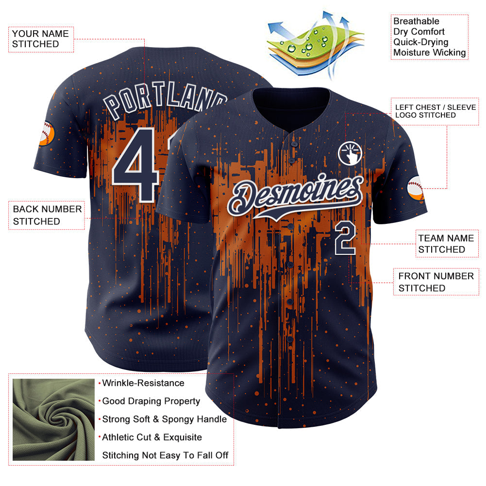 Custom Navy White-Bay Orange Dripping Splatter Paint Authentic Baseball Jersey view 3