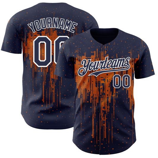 Custom Navy White-Bay Orange Dripping Splatter Paint Authentic Baseball Jersey - Main View