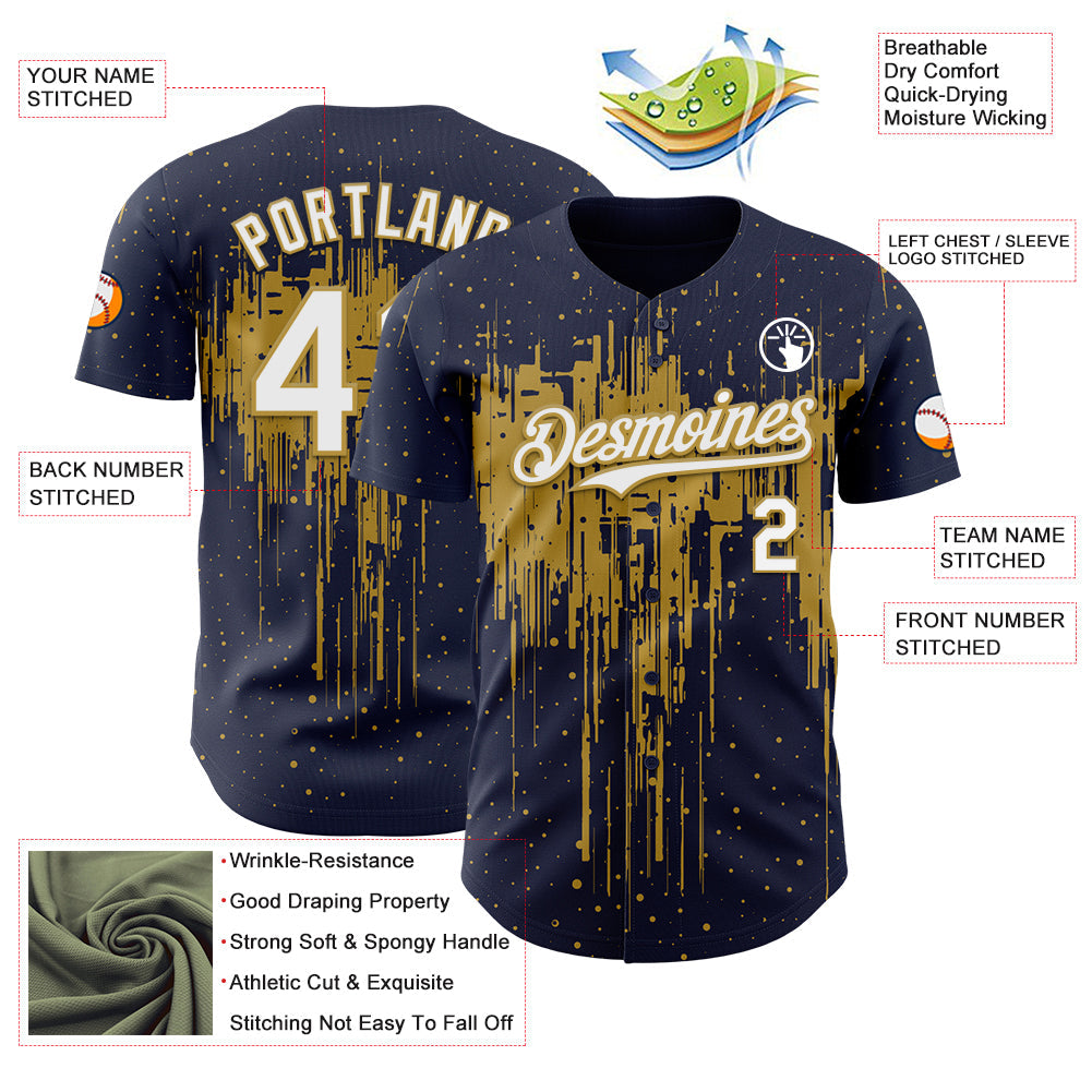 Custom Navy White-Old Gold Dripping Splatter Paint Authentic Baseball Jersey view 3