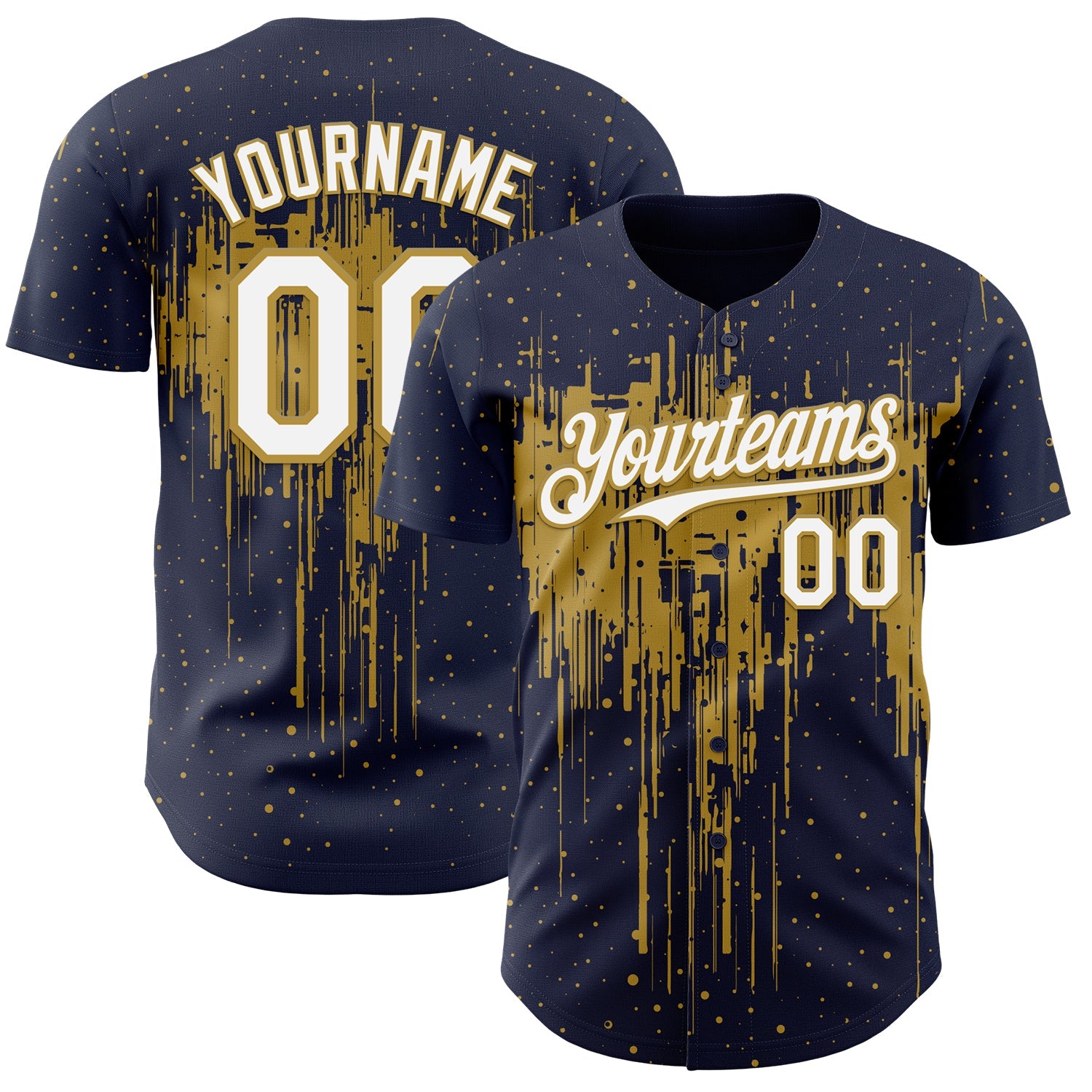 Custom Navy White-Old Gold Dripping Splatter Paint Authentic Baseball Jersey - Main View