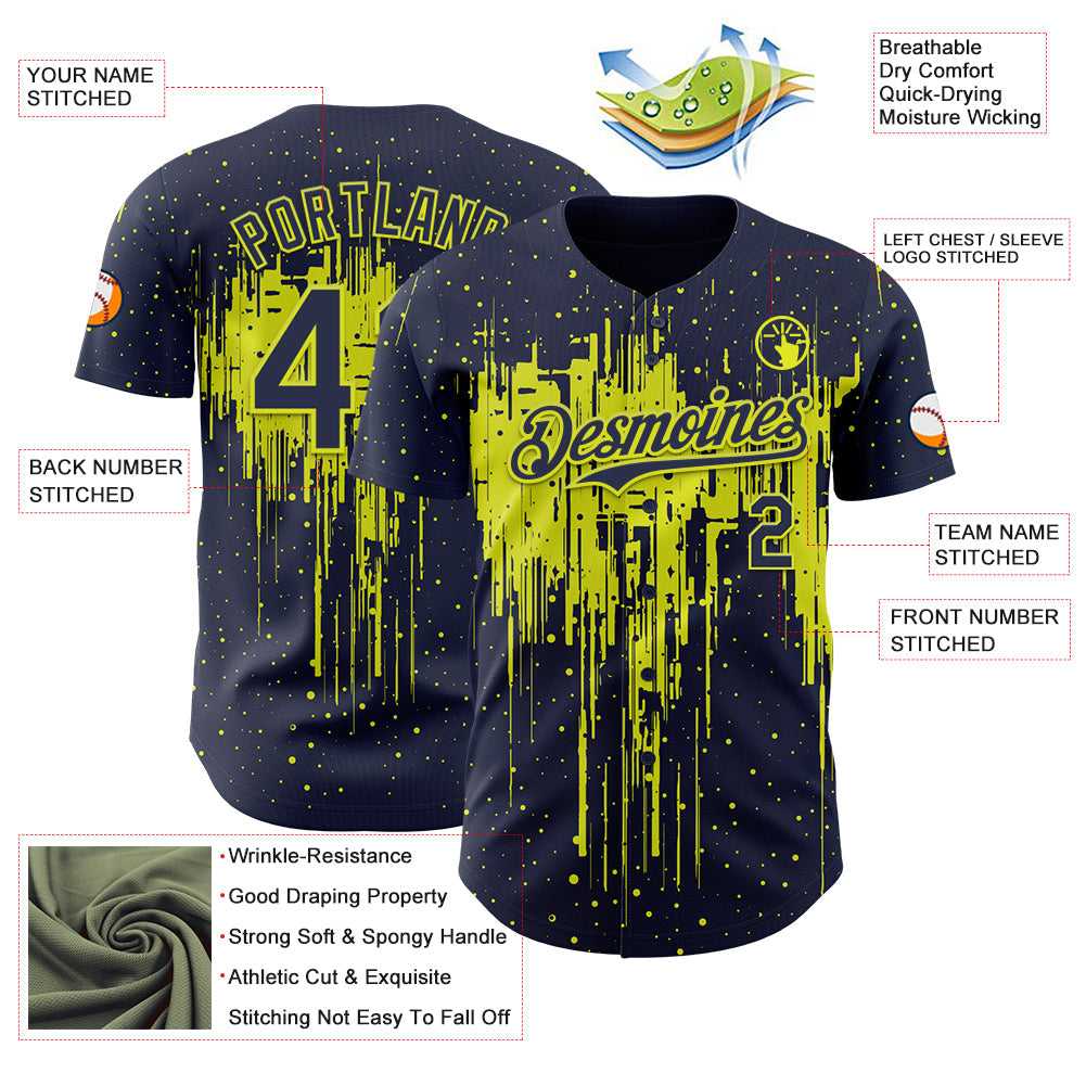 Custom Navy Neon Yellow Dripping Splatter Paint Authentic Baseball Jersey view 3