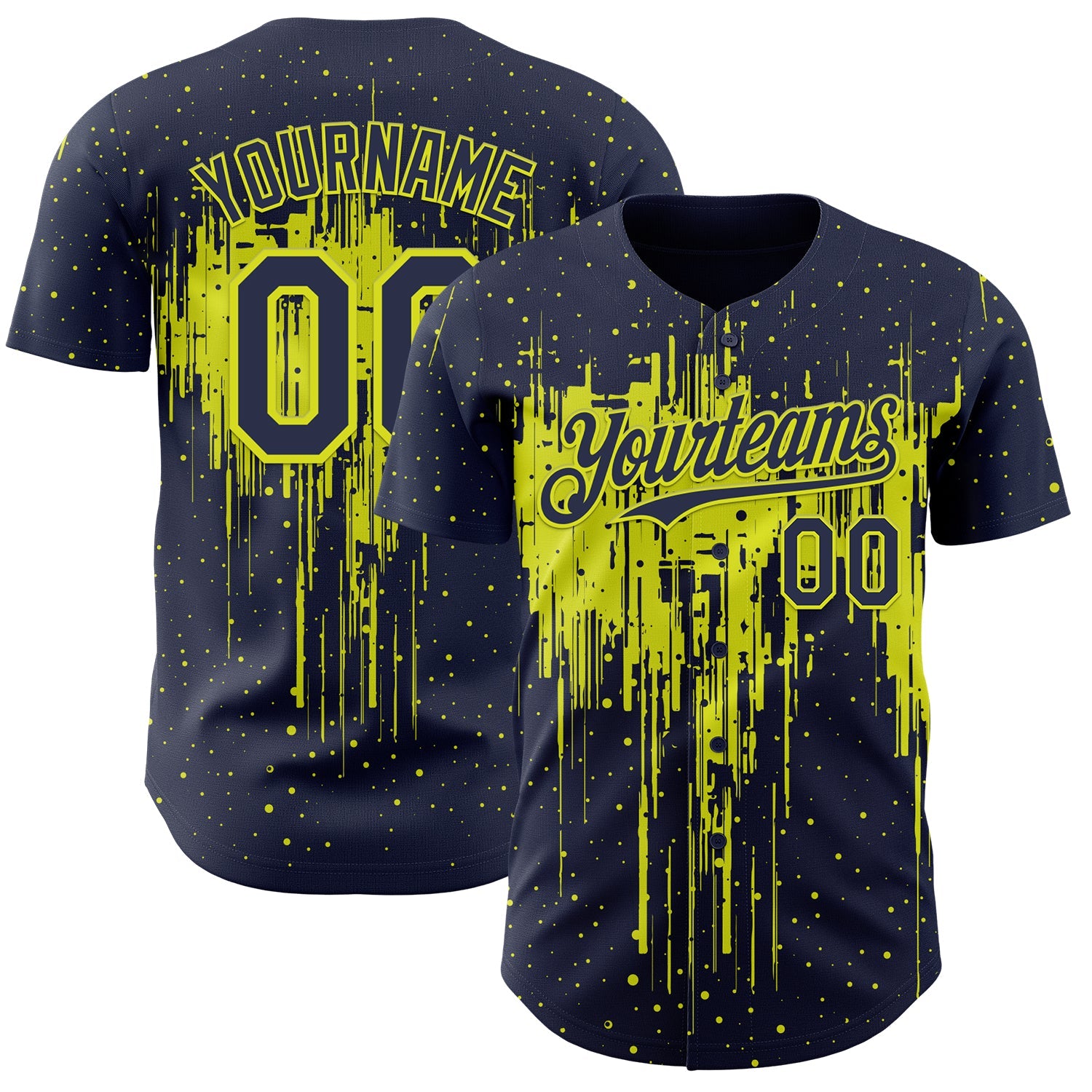 Custom Navy Neon Yellow Dripping Splatter Paint Authentic Baseball Jersey - Main View