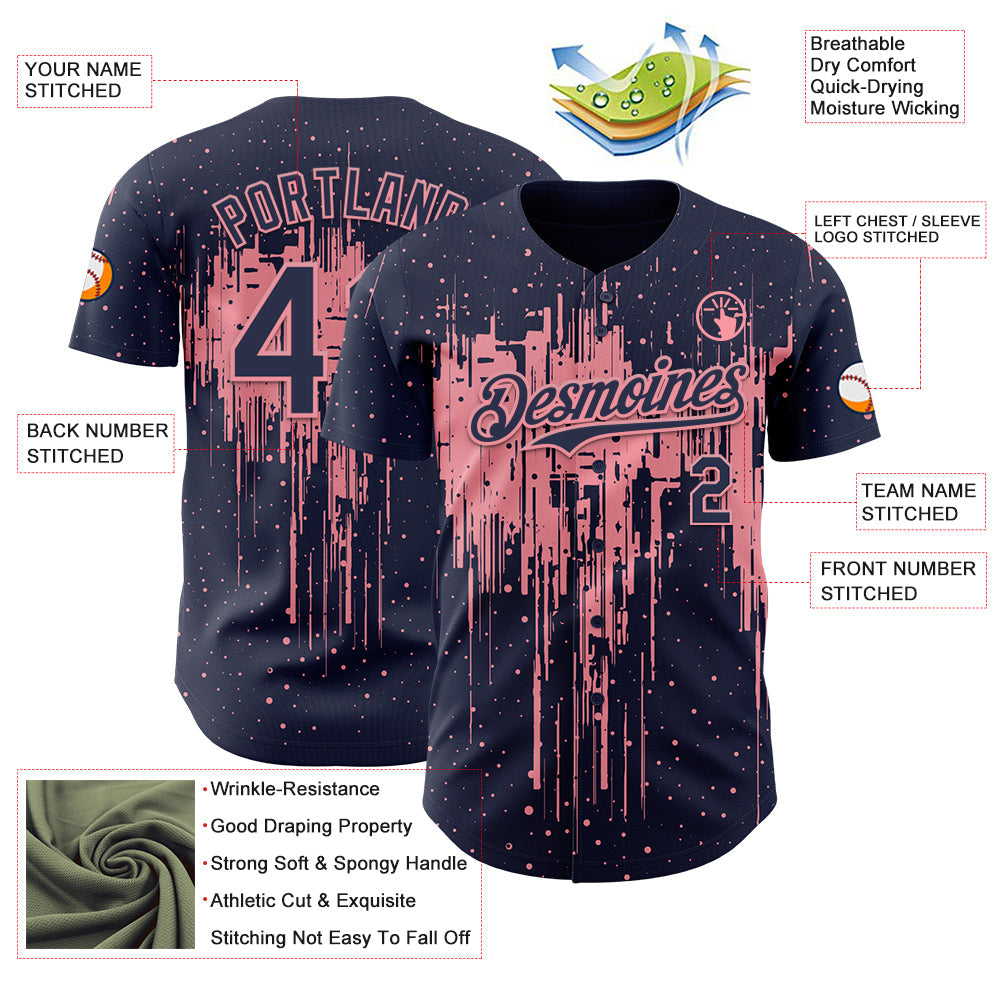 Custom Navy Medium Pink Dripping Splatter Paint Authentic Baseball Jersey view 3