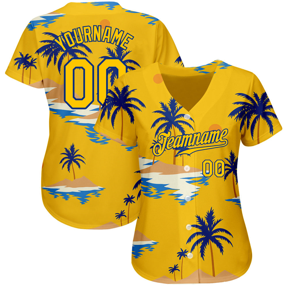 Custom Yellow Royal 3D Pattern Design Sun Beach Hawaii Palm Trees Authentic Baseball Jersey view 2