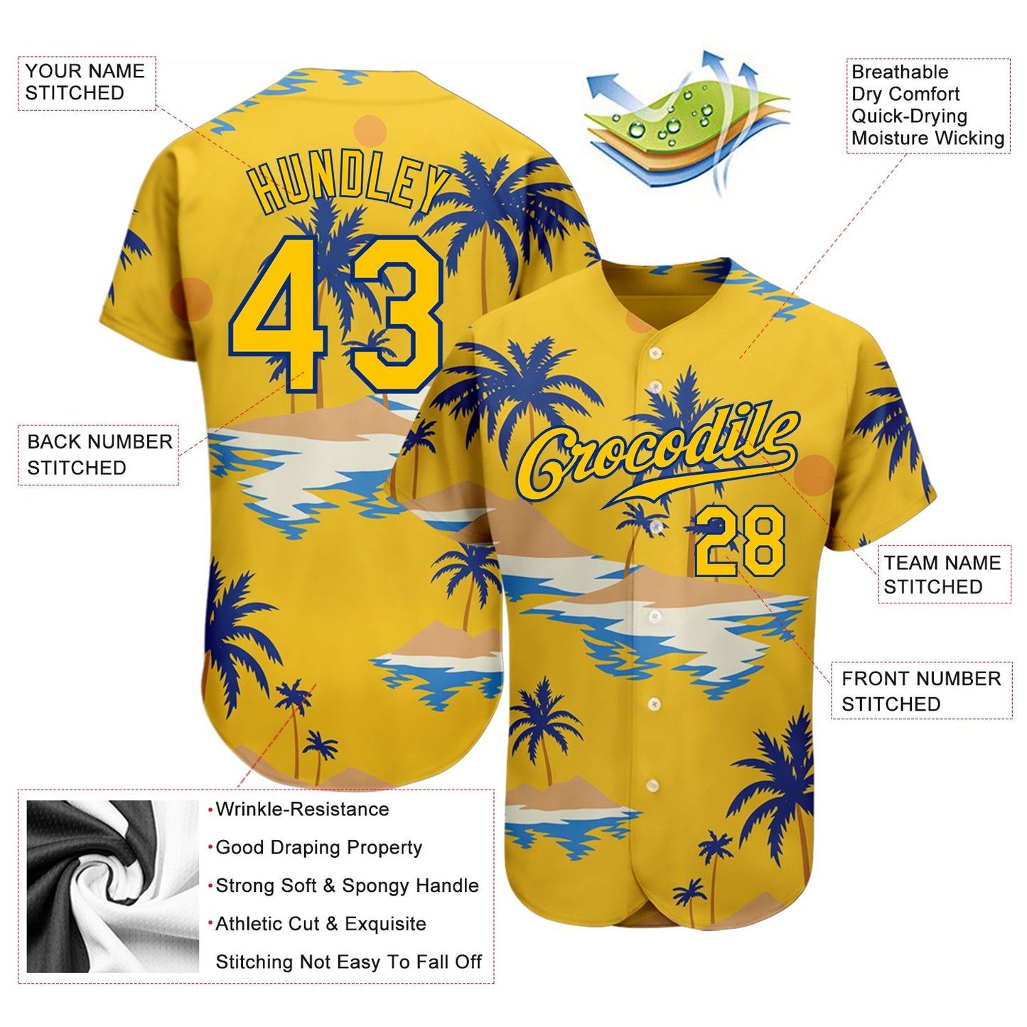Custom Yellow Royal 3D Pattern Design Sun Beach Hawaii Palm Trees Authentic Baseball Jersey view 3