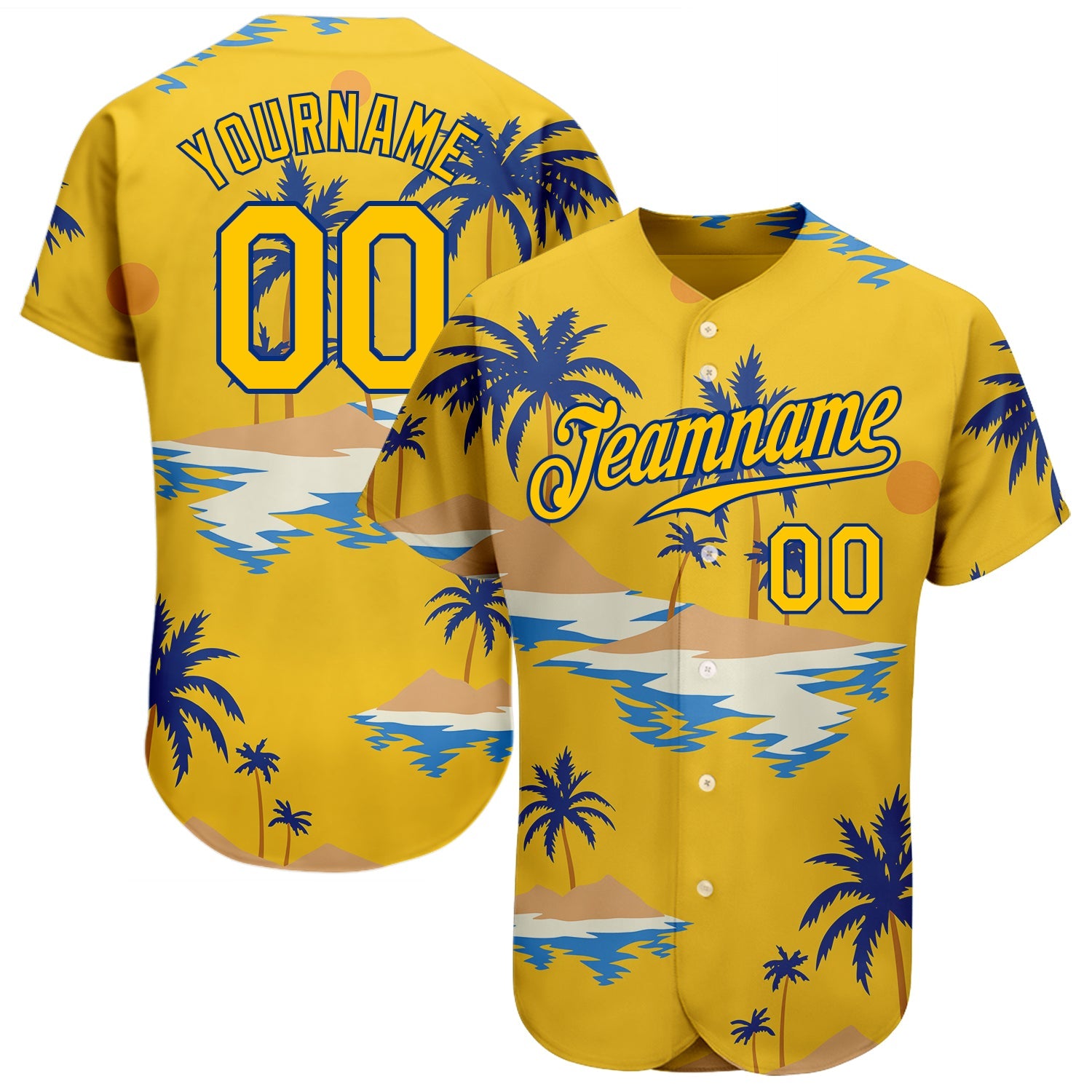 Custom Yellow Royal 3D Pattern Design Sun Beach Hawaii Palm Trees Authentic Baseball Jersey - Main View