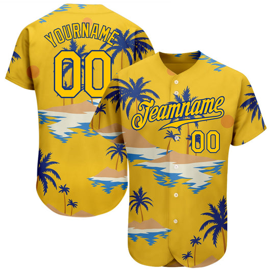 Custom Yellow Royal 3D Pattern Design Sun Beach Hawaii Palm Trees Authentic Baseball Jersey - Main View