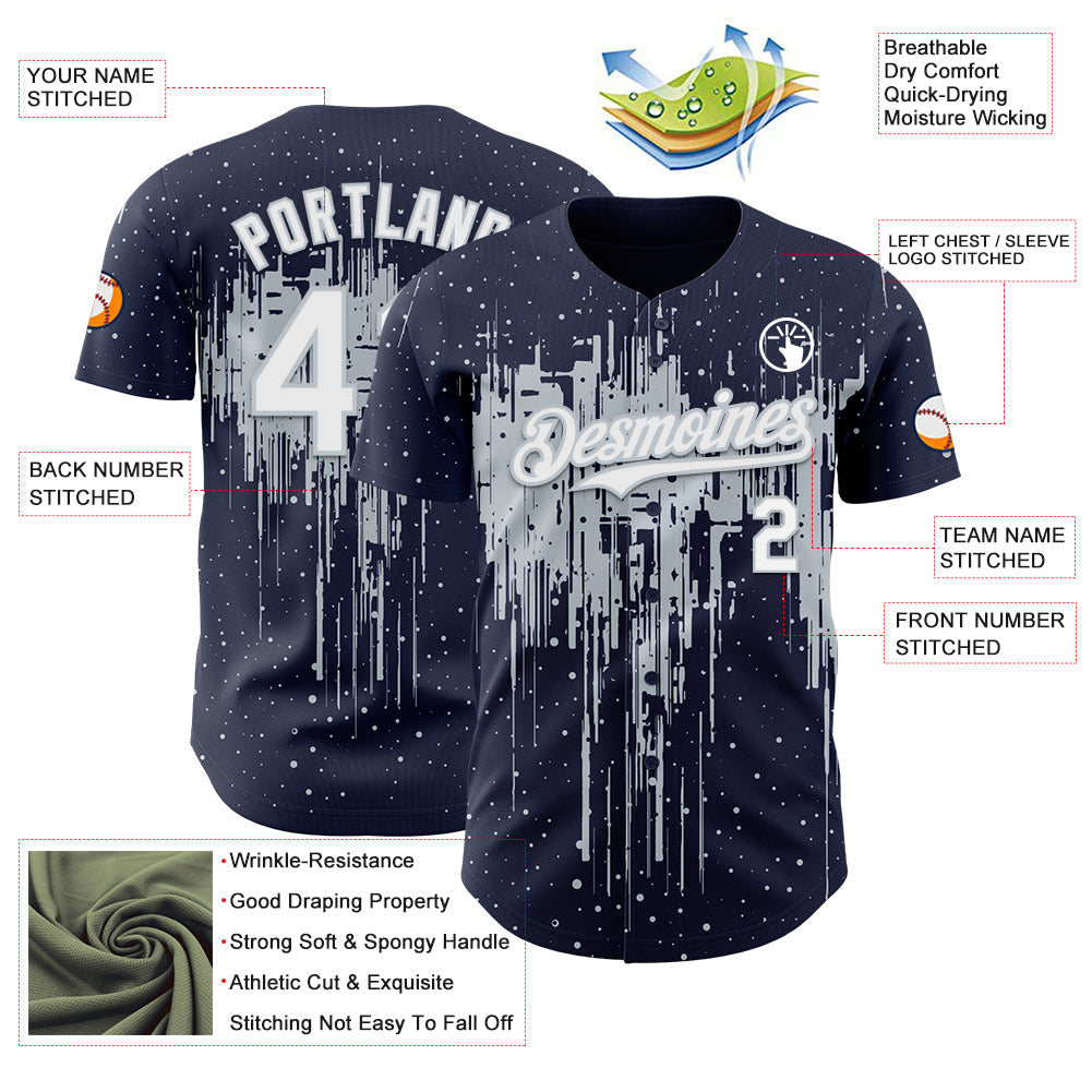 Custom Navy White-Silver Dripping Splatter Paint Authentic Baseball Jersey view 3