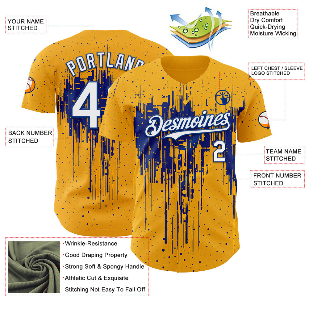 Custom Gold White-Royal Dripping Splatter Paint Authentic Baseball Jersey view 3