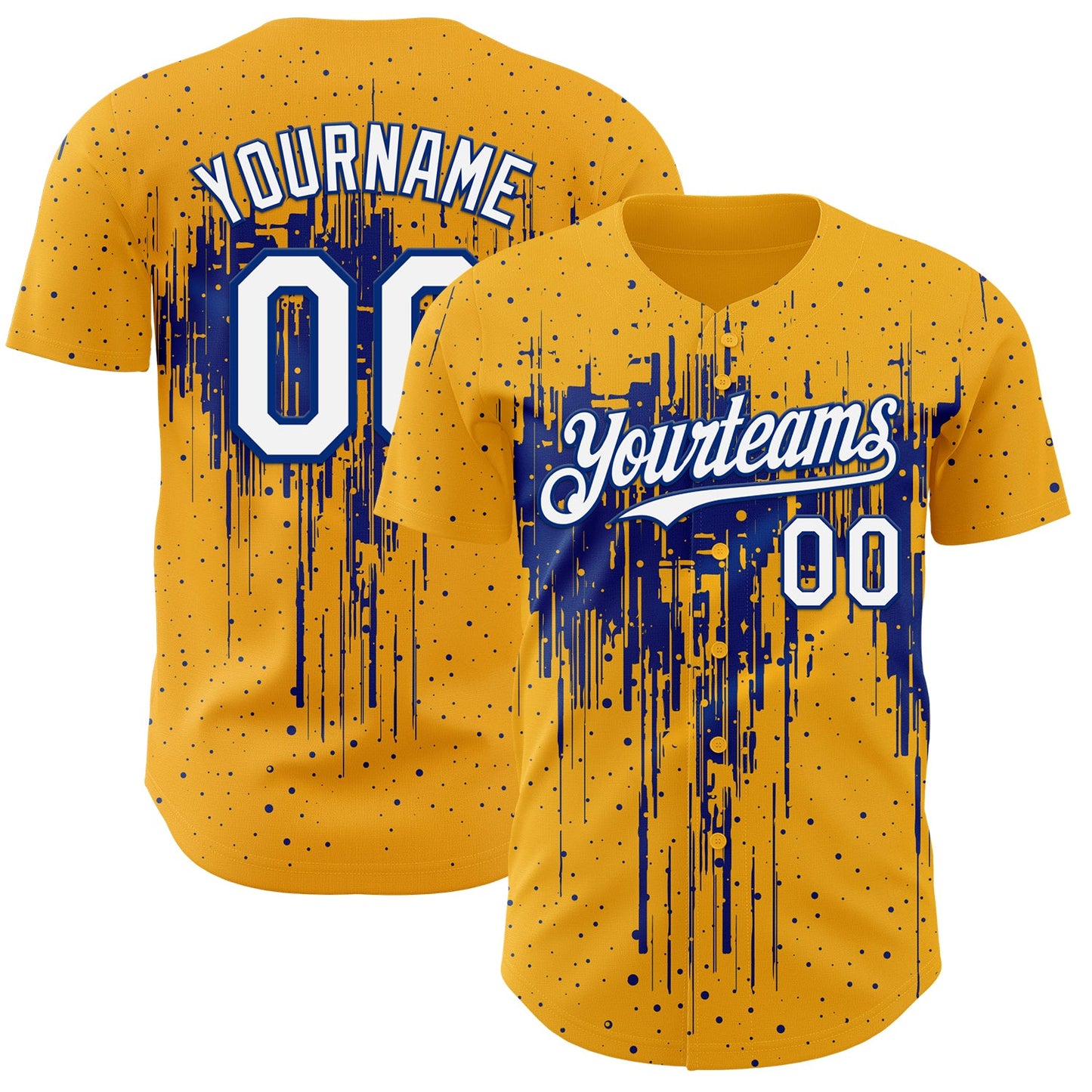 Custom Gold White-Royal Dripping Splatter Paint Authentic Baseball Jersey - Main View