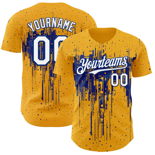 Custom Gold White-Royal Dripping Splatter Paint Authentic Baseball Jersey - Main View
