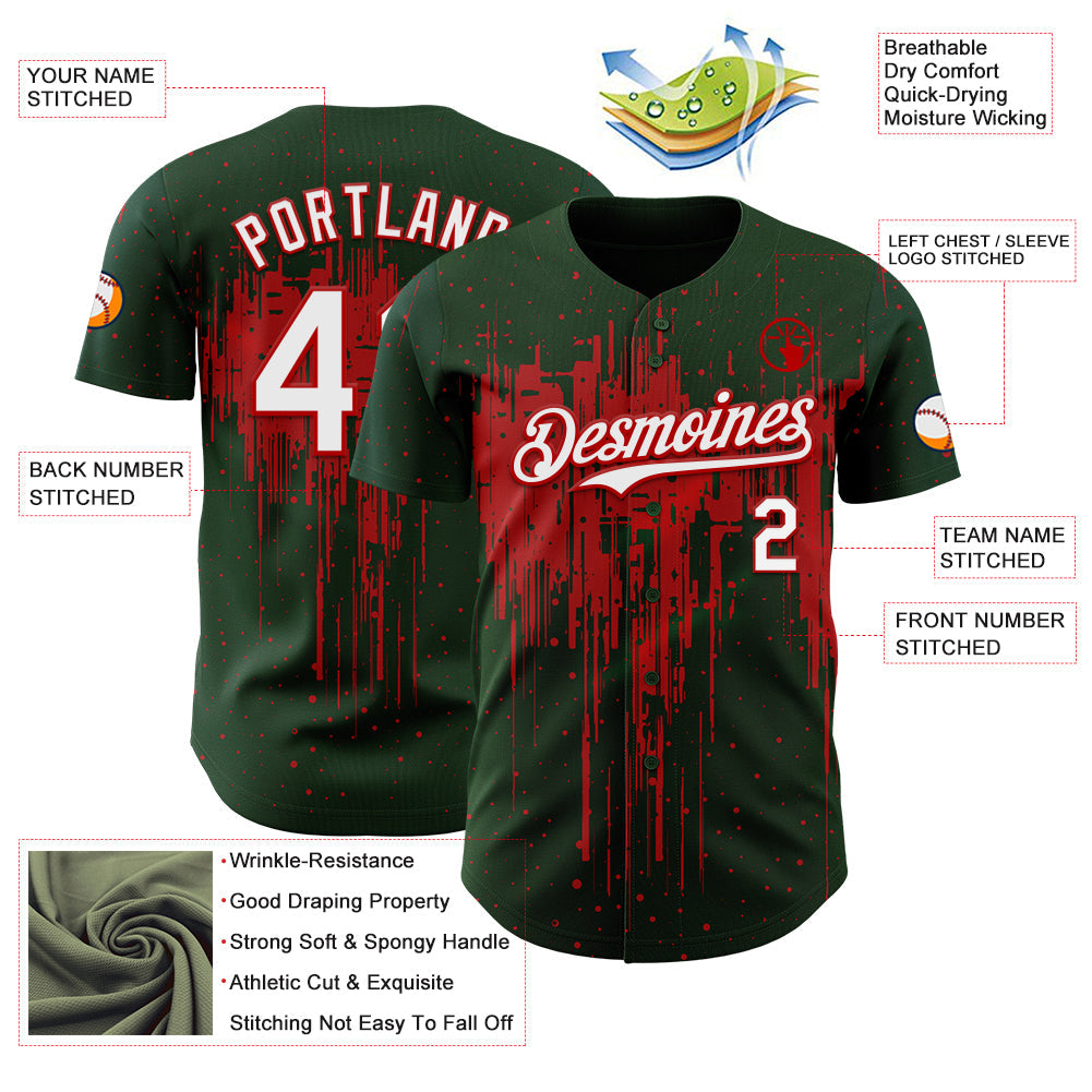 Custom Green White-Red Dripping Splatter Paint Authentic Baseball Jersey view 3