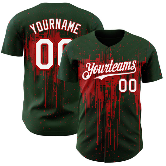 Custom Green White-Red Dripping Splatter Paint Authentic Baseball Jersey - Main View