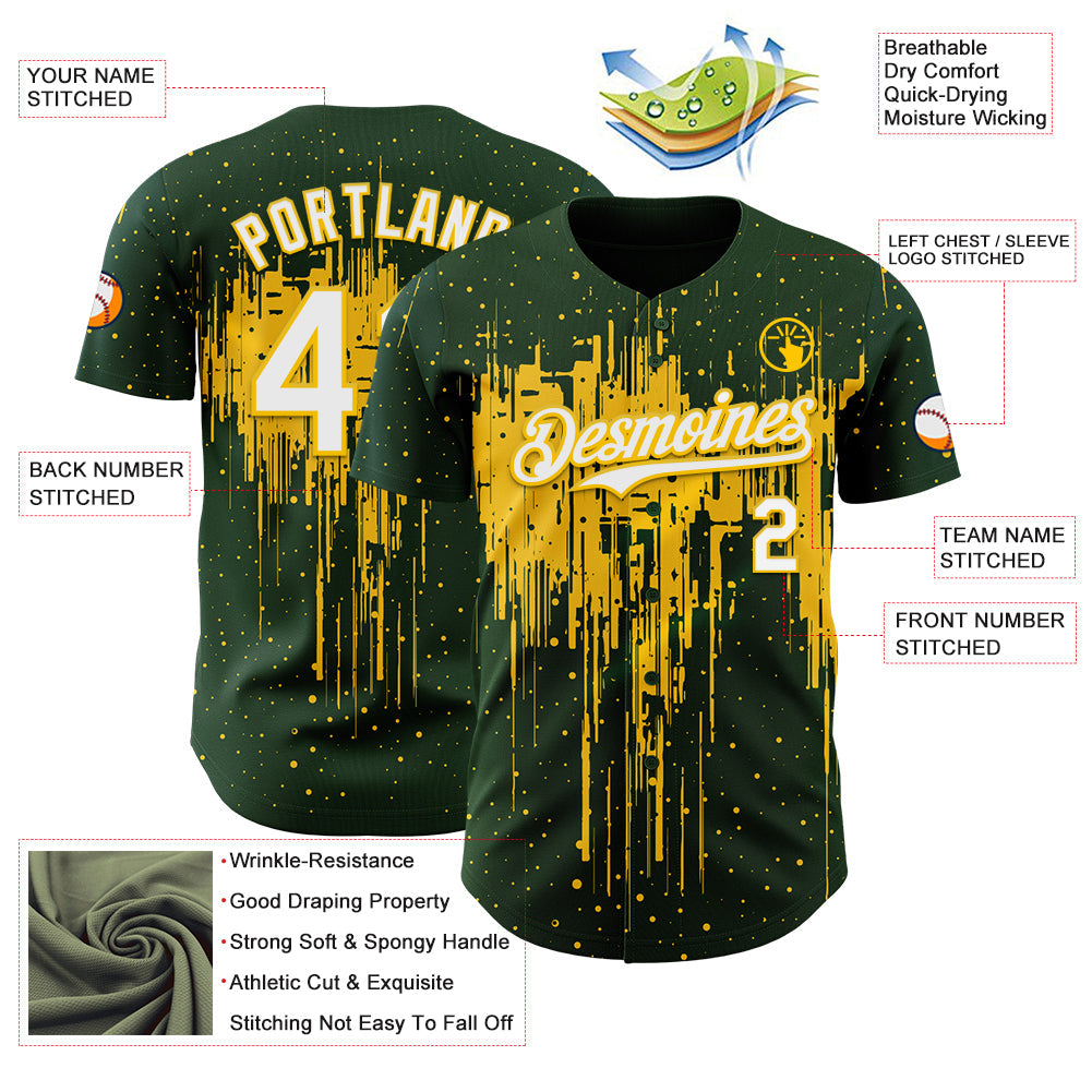 Custom Green White-Yellow Dripping Splatter Paint Authentic Baseball Jersey view 3