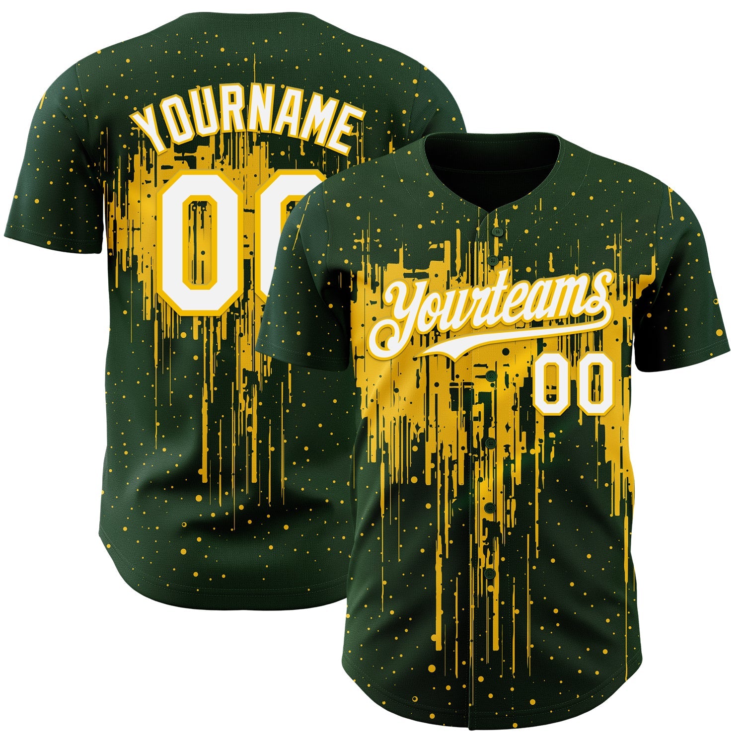 Custom Green White-Yellow Dripping Splatter Paint Authentic Baseball Jersey - Main View