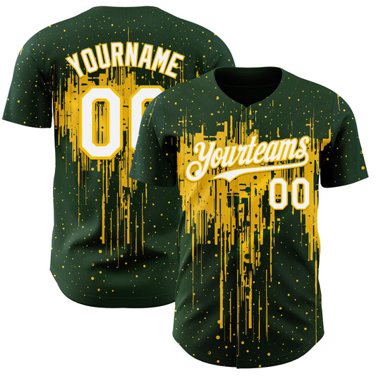 Custom Green White-Yellow Dripping Splatter Paint Authentic Baseball Jersey - Main View