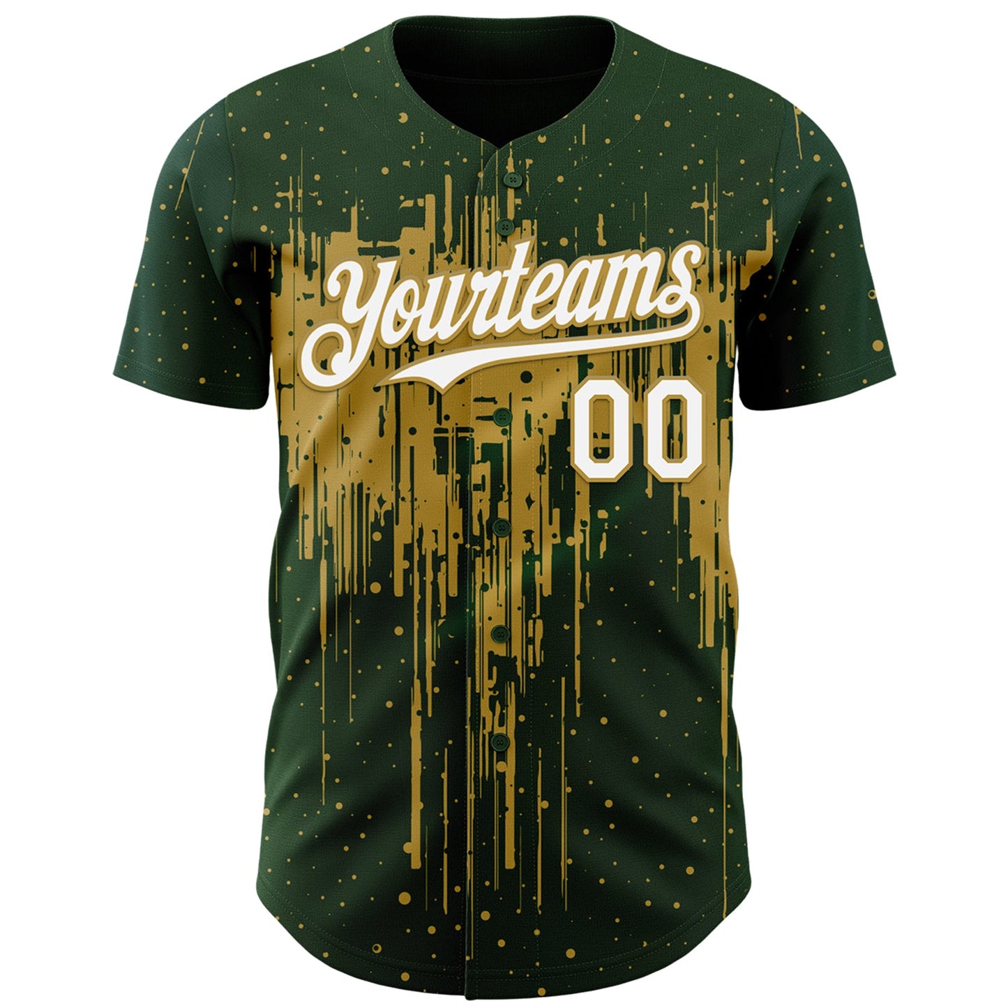 Custom Green White-Old Gold Dripping Splatter Paint Authentic Baseball Jersey view 2