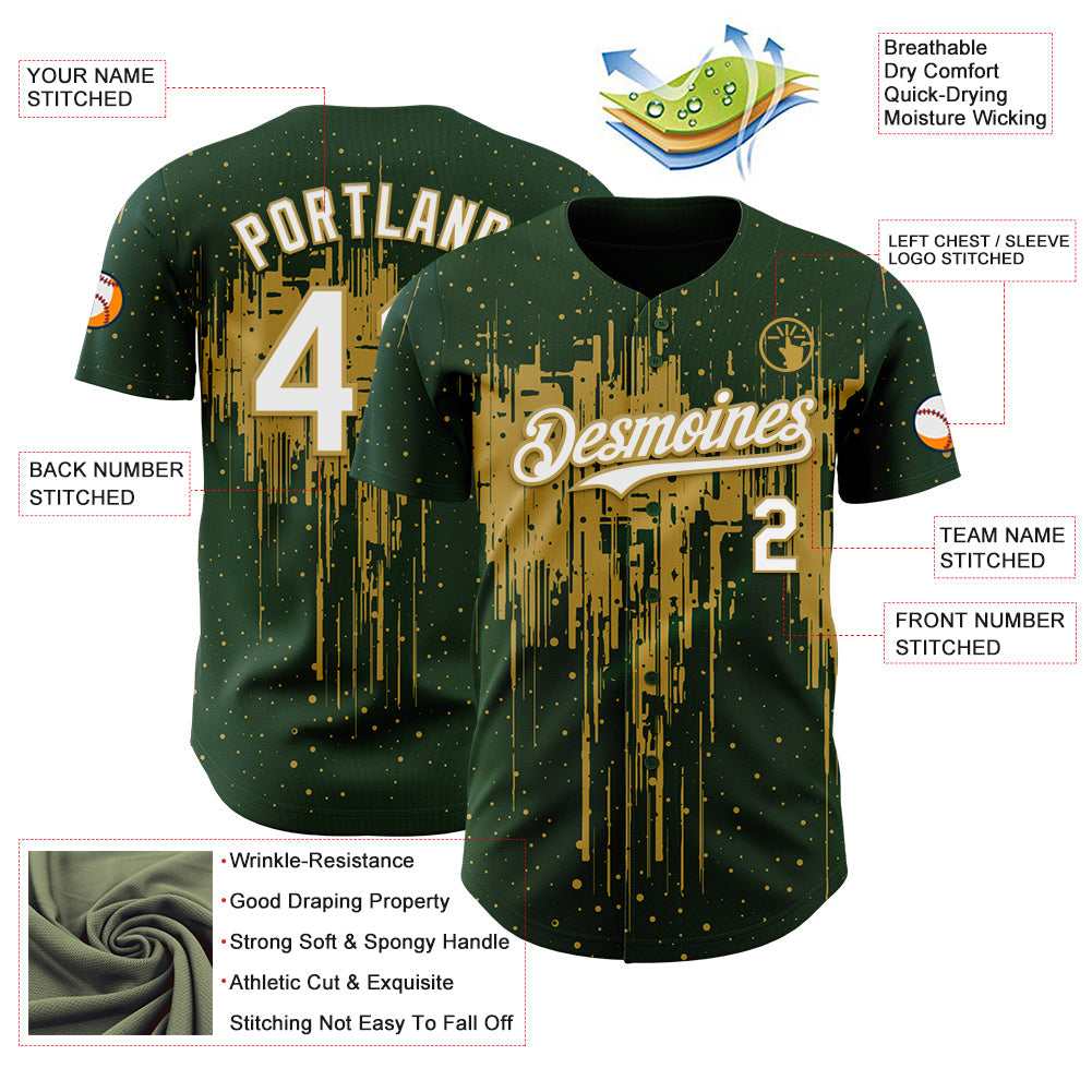 Custom Green White-Old Gold Dripping Splatter Paint Authentic Baseball Jersey view 3