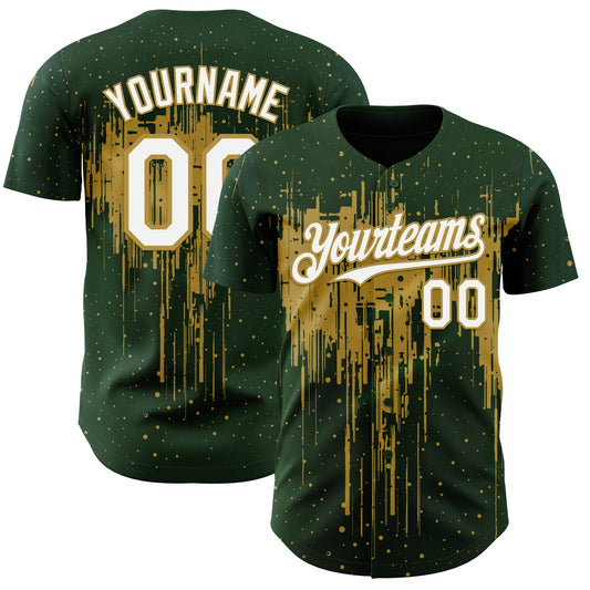 Custom Green White-Old Gold Dripping Splatter Paint Authentic Baseball Jersey - Main View