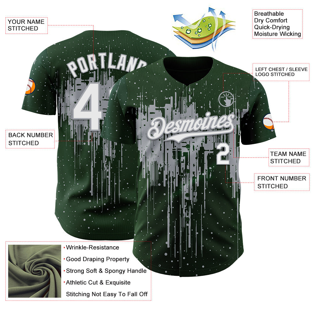 Custom Green White-Gray Dripping Splatter Paint Authentic Baseball Jersey view 3