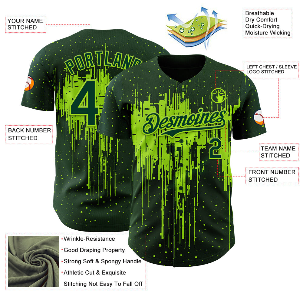 Custom Green Neon Green Dripping Splatter Paint Authentic Baseball Jersey view 3