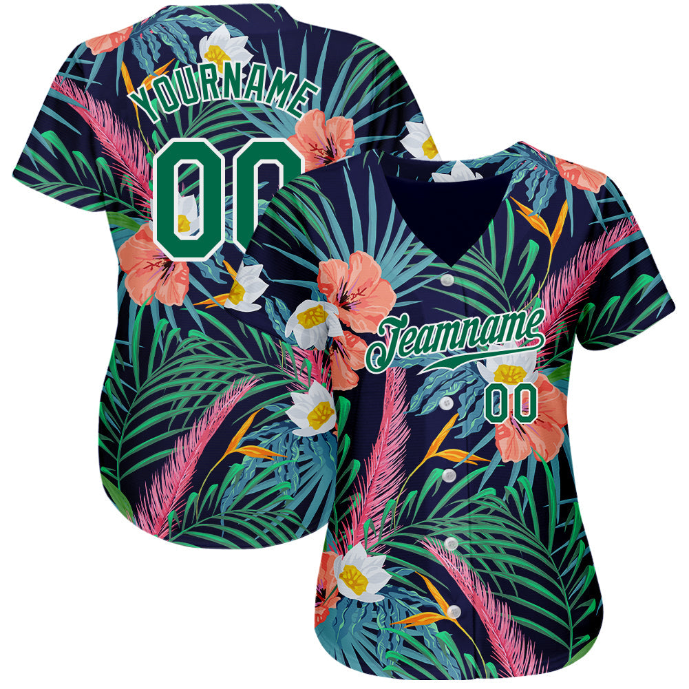 Custom Black Kelly Green-White 3D Pattern Design Hawaii Palm Leaves And Flowers Authentic Baseball Jersey view 2