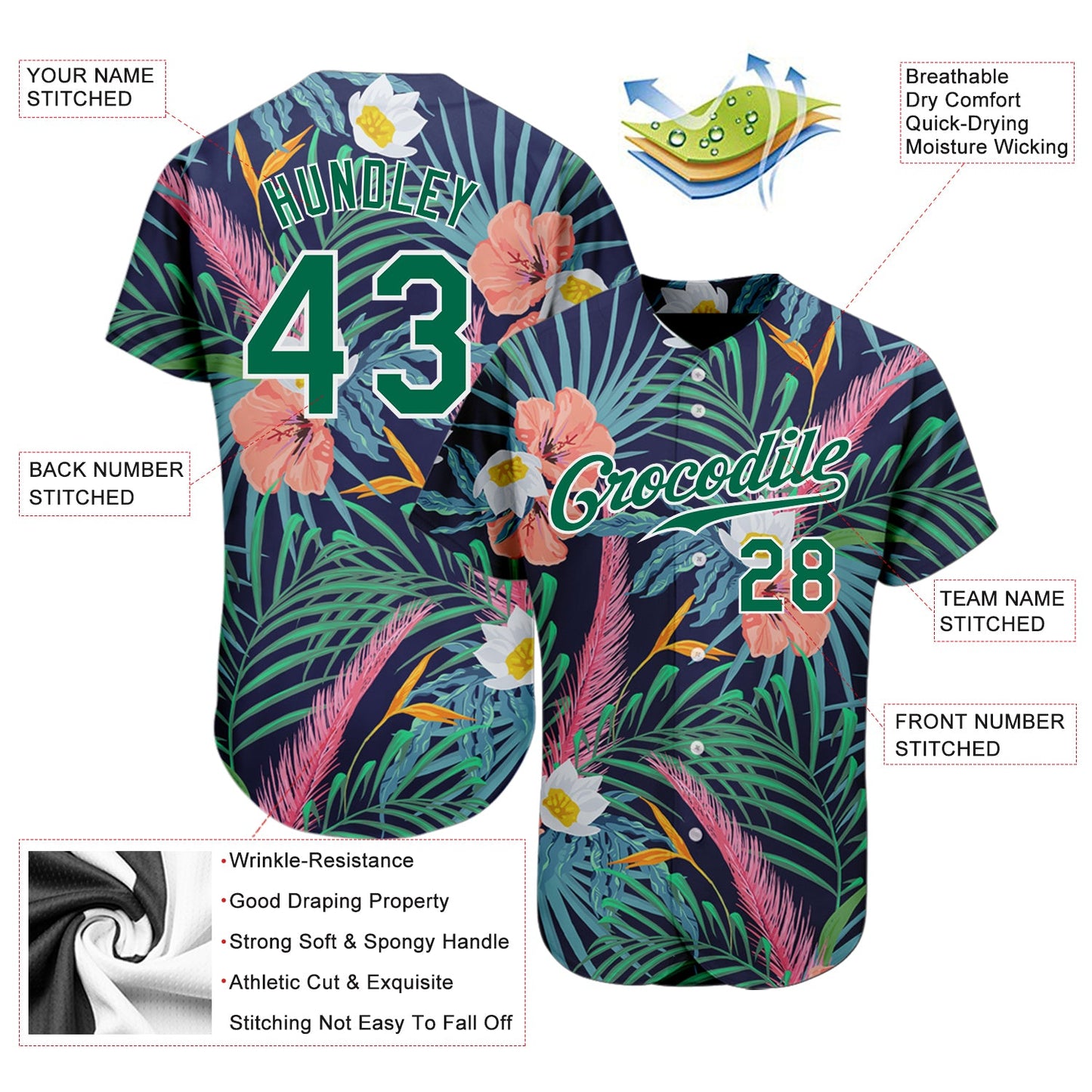 Custom Black Kelly Green-White 3D Pattern Design Hawaii Palm Leaves And Flowers Authentic Baseball Jersey view 3