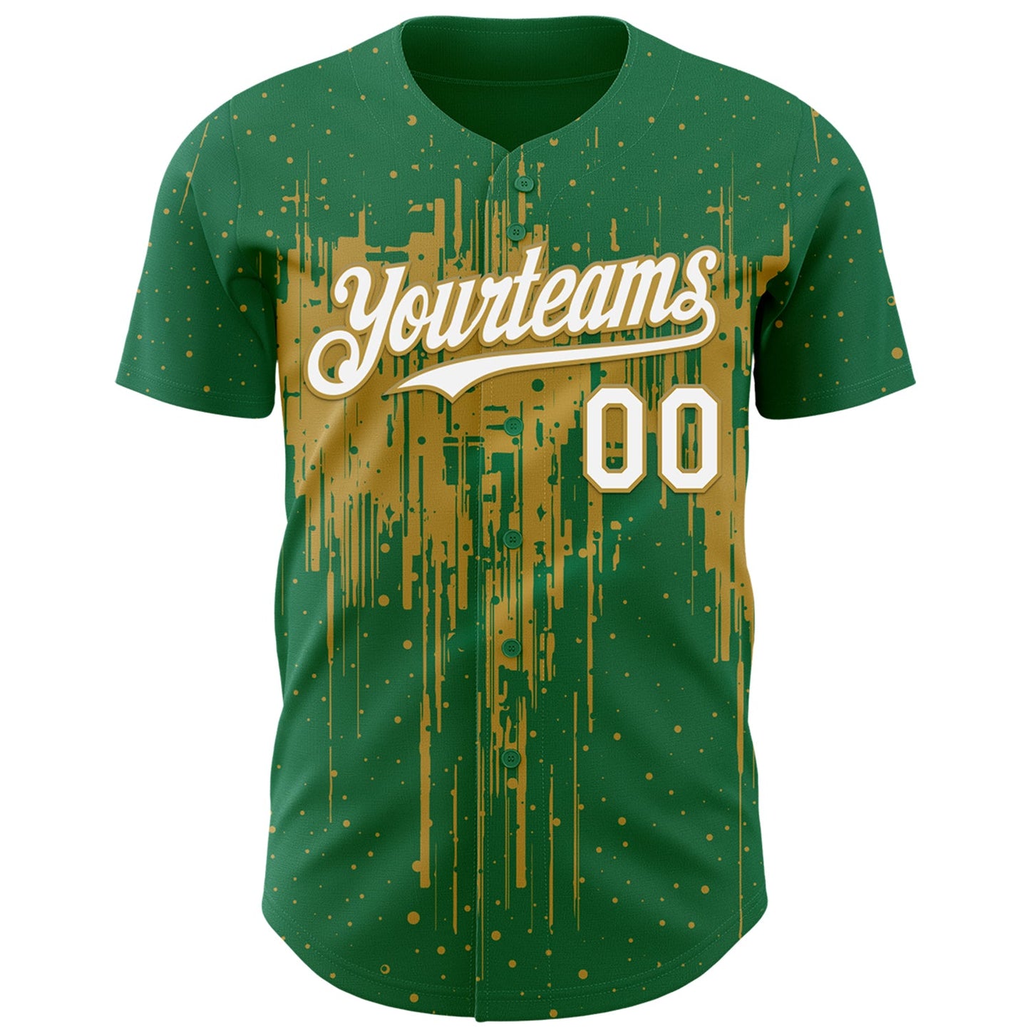 Custom Kelly Green White-Old Gold Dripping Splatter Paint Authentic Baseball Jersey view 2
