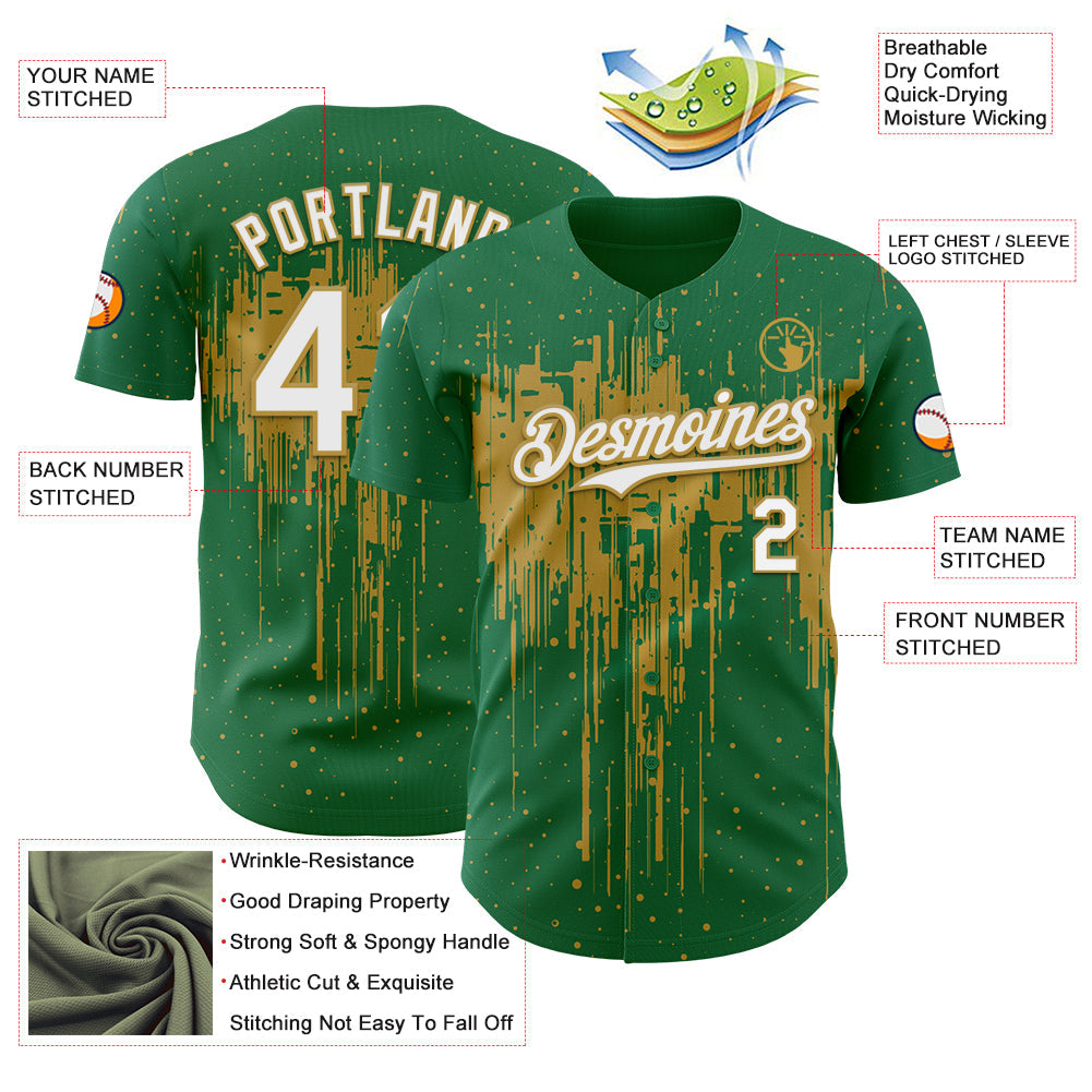 Custom Kelly Green White-Old Gold Dripping Splatter Paint Authentic Baseball Jersey view 3