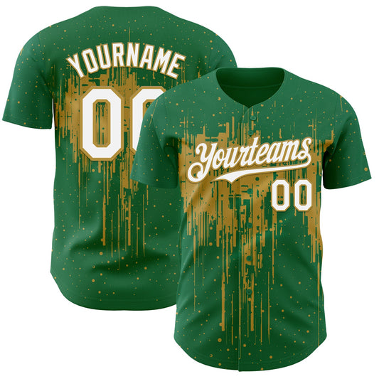 Custom Kelly Green White-Old Gold Dripping Splatter Paint Authentic Baseball Jersey - Main View