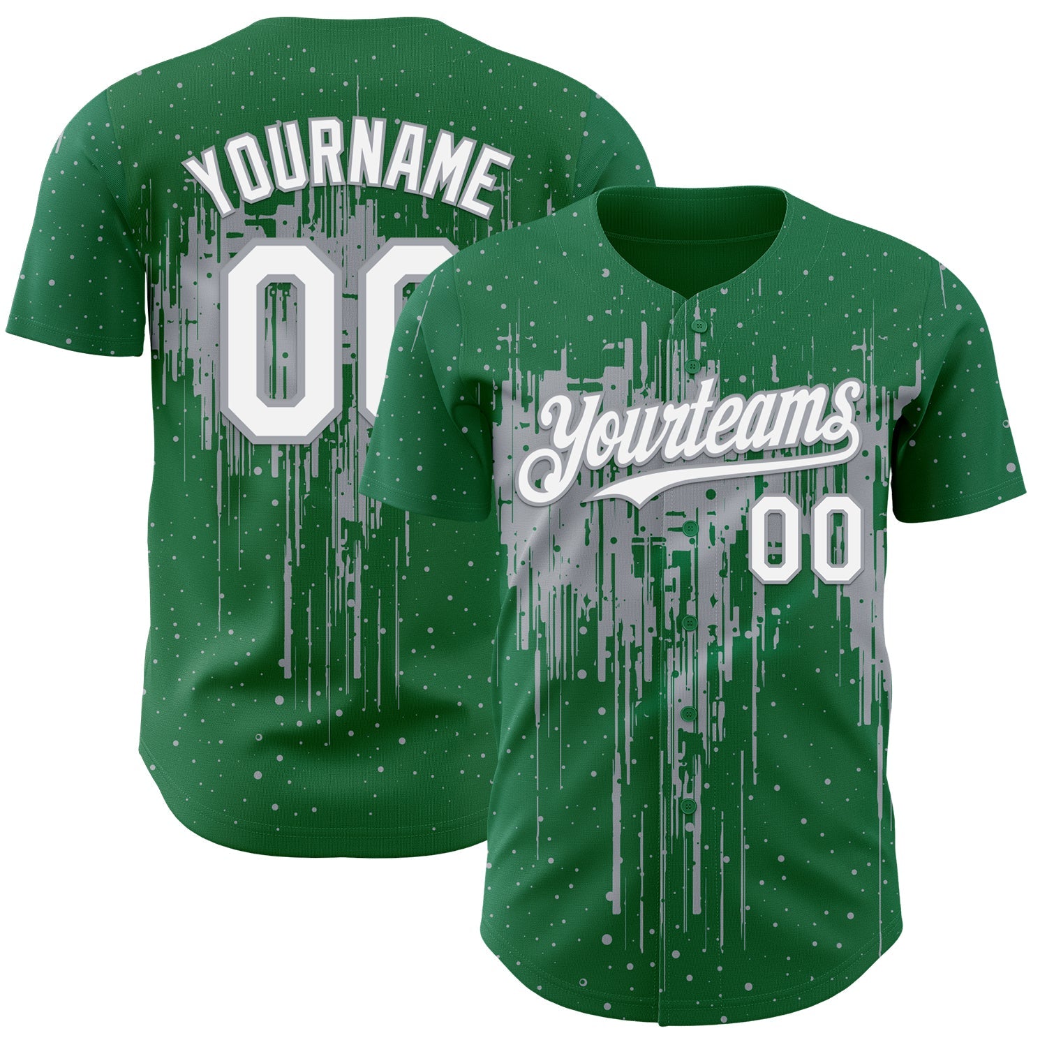 Custom Kelly Green White-Gray Dripping Splatter Paint Authentic Baseball Jersey - Main View
