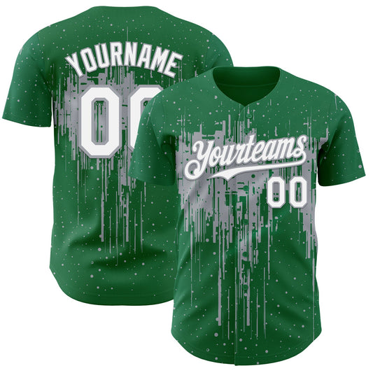 Custom Kelly Green White-Gray Dripping Splatter Paint Authentic Baseball Jersey - Main View