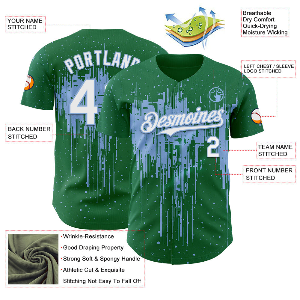Custom Kelly Green White-Light Blue Dripping Splatter Paint Authentic Baseball Jersey view 3