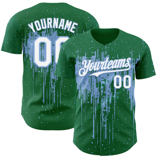 Custom Kelly Green White-Light Blue Dripping Splatter Paint Authentic Baseball Jersey - Main View
