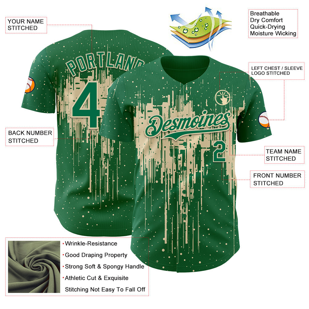 Custom Kelly Green Cream Dripping Splatter Paint Authentic Baseball Jersey view 3