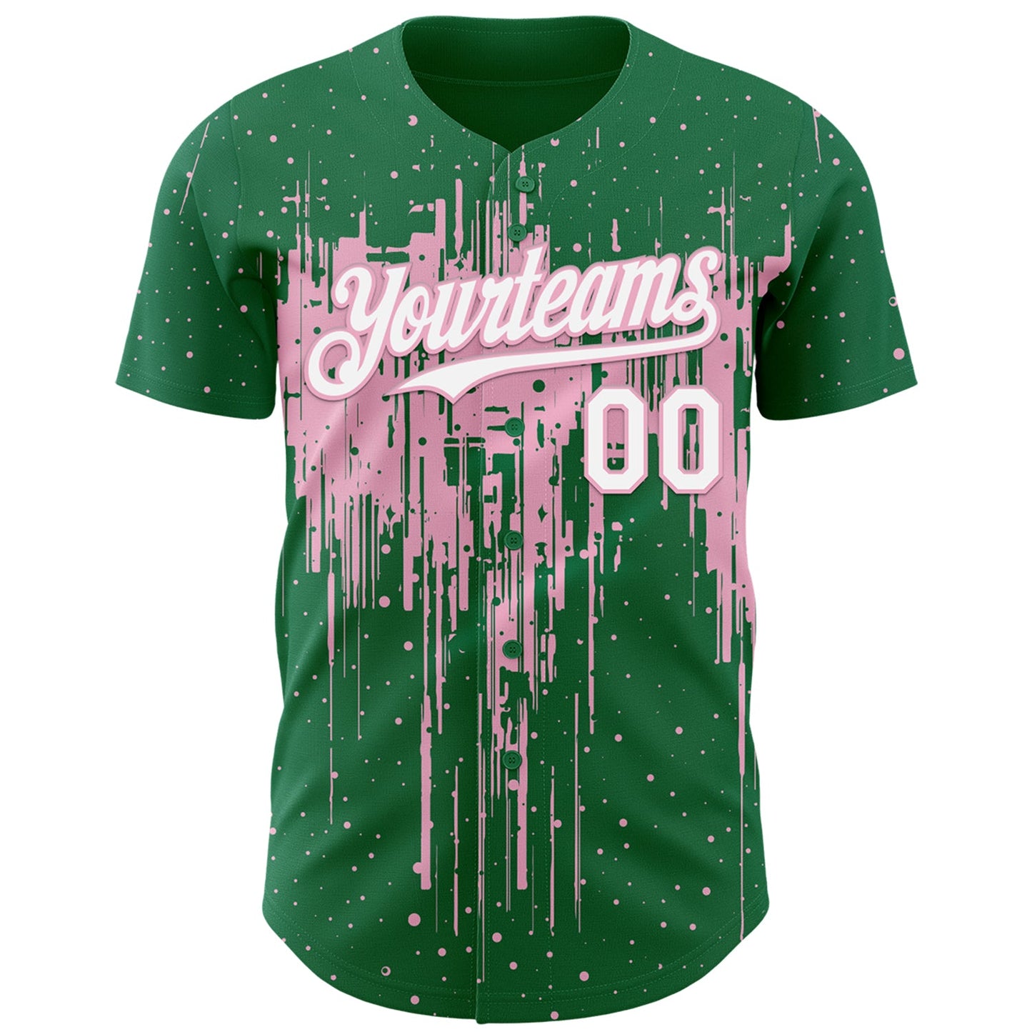 Custom Kelly Green White-Light Pink Dripping Splatter Paint Authentic Baseball Jersey view 2