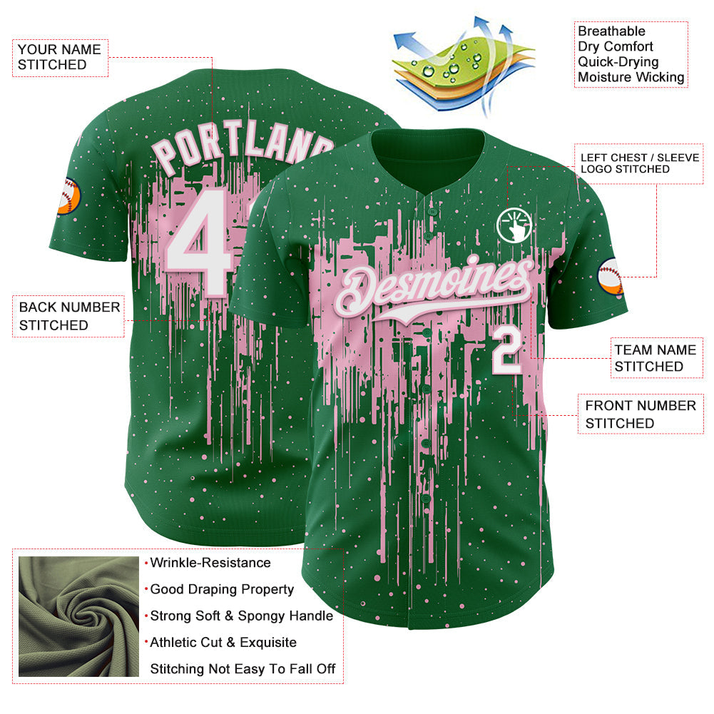 Custom Kelly Green White-Light Pink Dripping Splatter Paint Authentic Baseball Jersey view 3