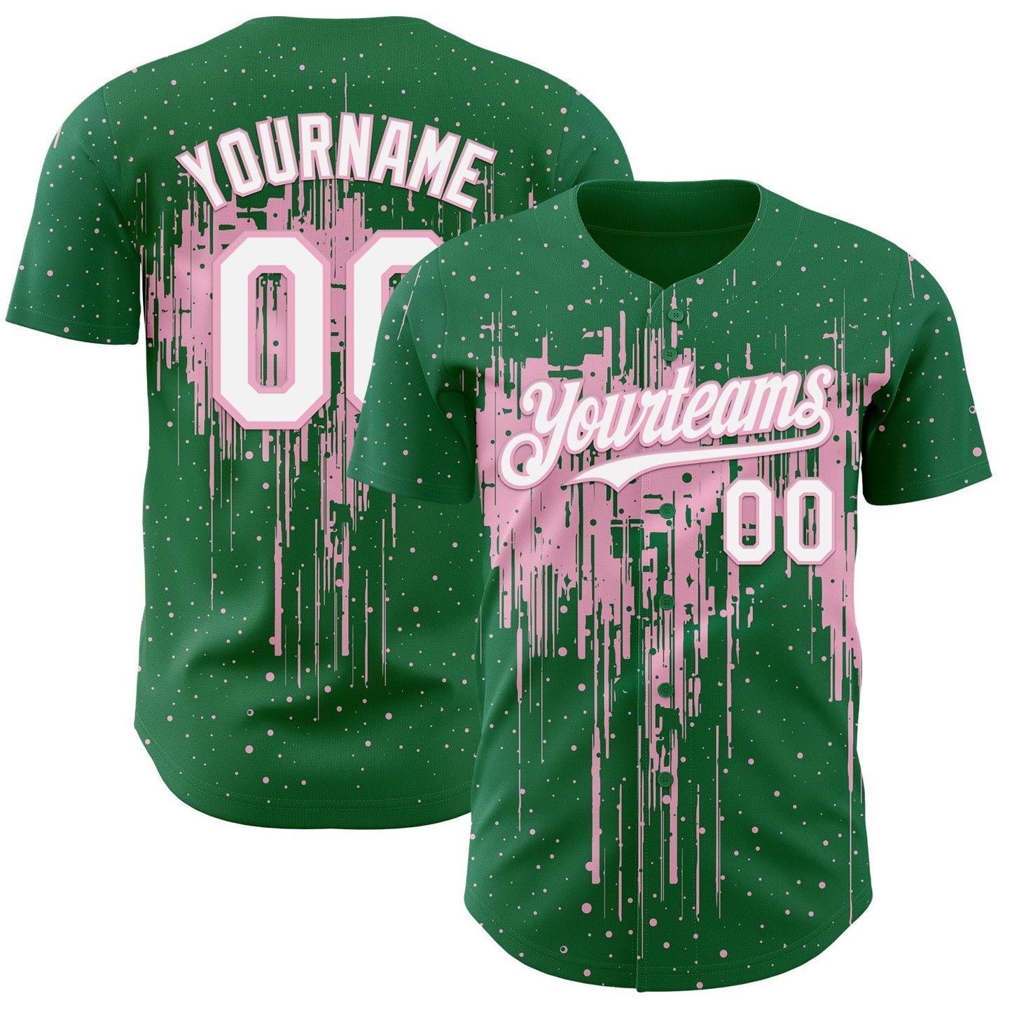 Custom Kelly Green White-Light Pink Dripping Splatter Paint Authentic Baseball Jersey - Main View