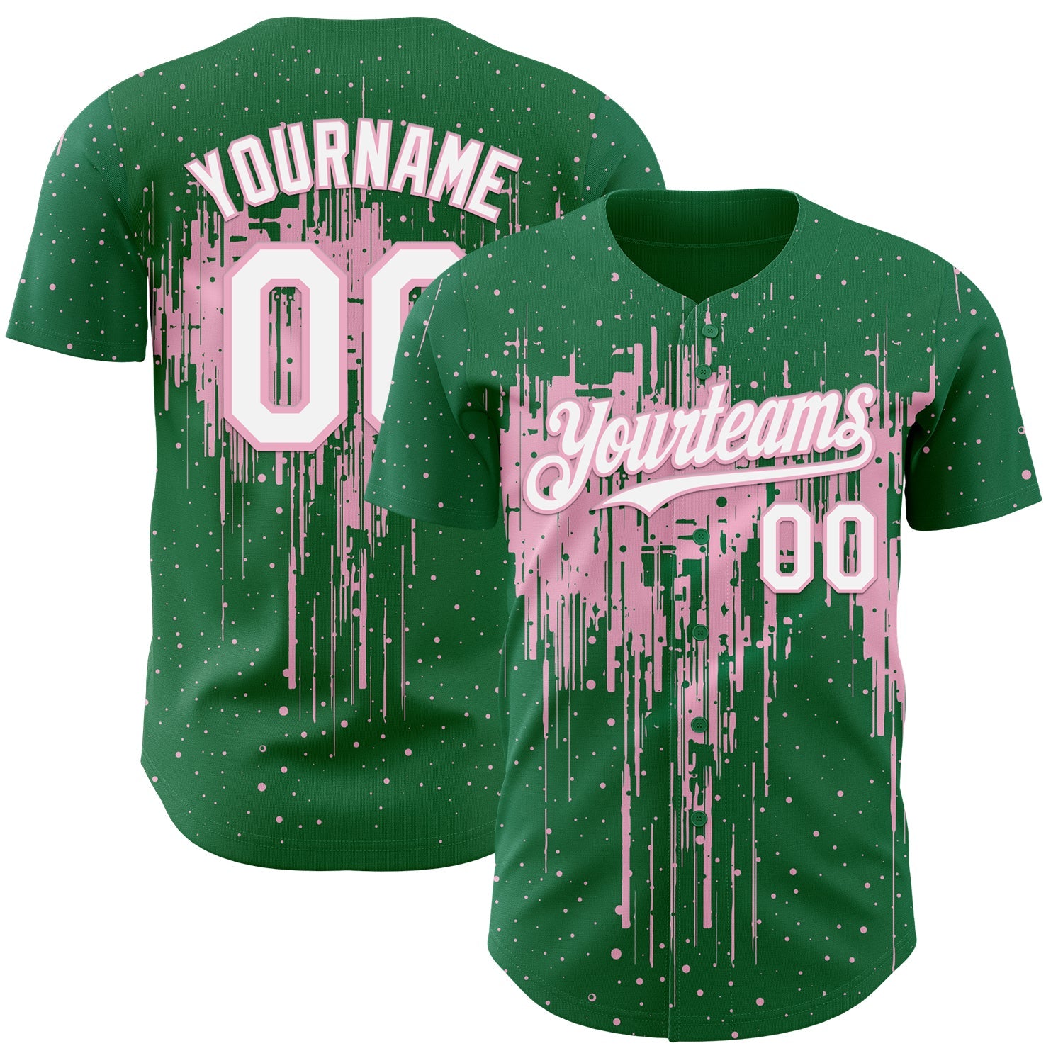 Custom Kelly Green White-Light Pink Dripping Splatter Paint Authentic Baseball Jersey - Main View