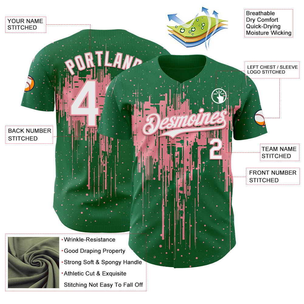 Custom Kelly Green White-Medium Pink Dripping Splatter Paint Authentic Baseball Jersey view 3