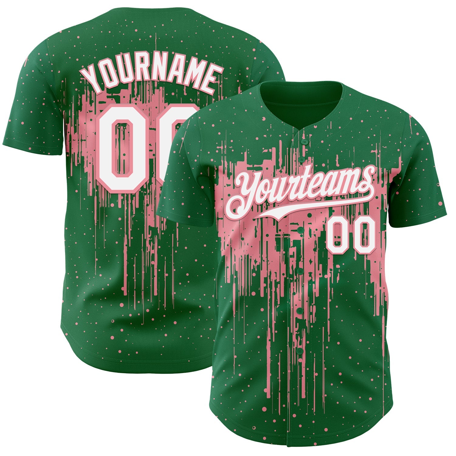 Custom Kelly Green White-Medium Pink Dripping Splatter Paint Authentic Baseball Jersey - Main View