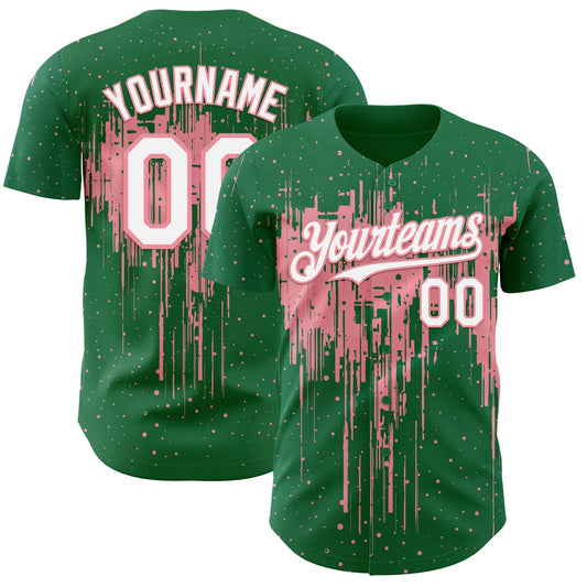 Custom Kelly Green White-Medium Pink Dripping Splatter Paint Authentic Baseball Jersey - Main View