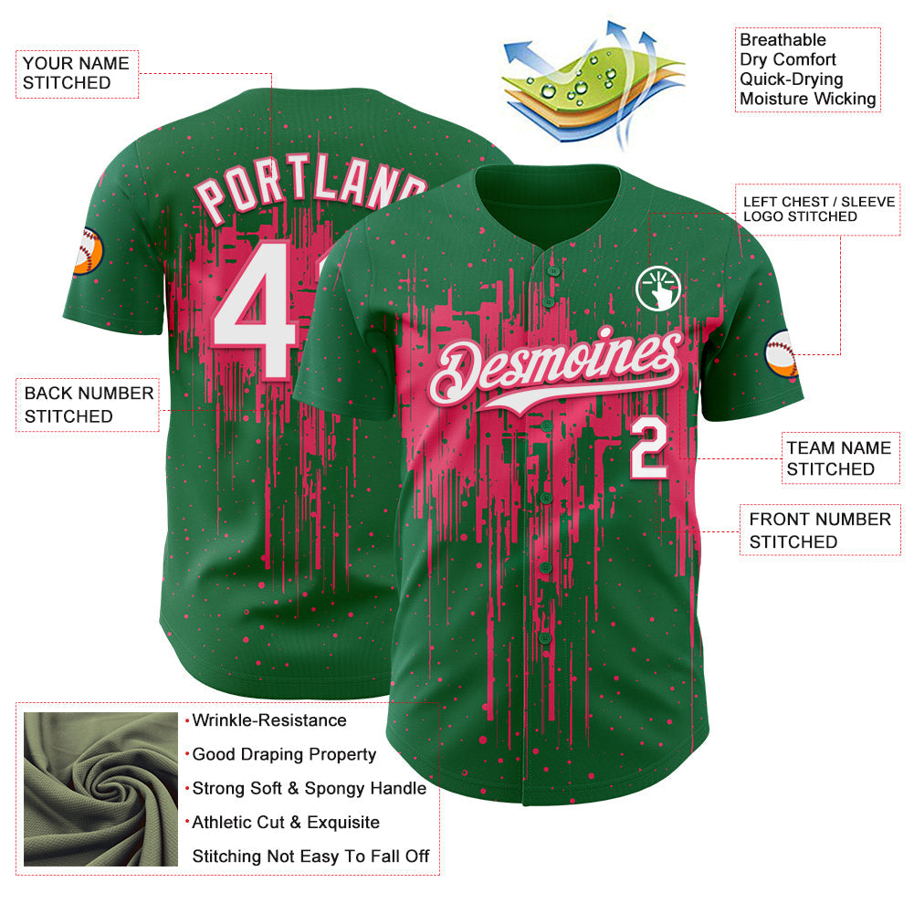 Custom Kelly Green White-Neon Pink Dripping Splatter Paint Authentic Baseball Jersey view 3