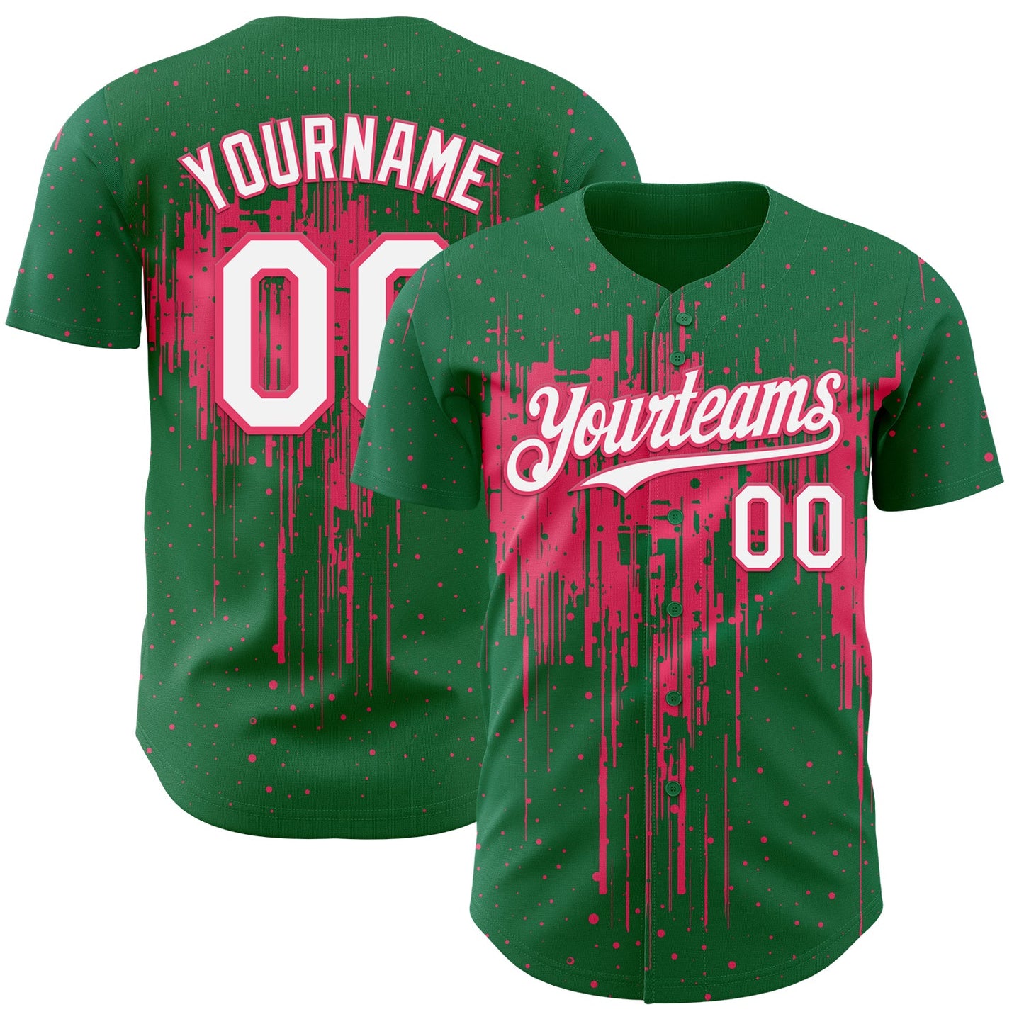 Custom Kelly Green White-Neon Pink Dripping Splatter Paint Authentic Baseball Jersey - Main View